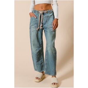 Bibi Medium wash Belted Paint Splash Pocket Denim Jean Pants